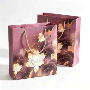 Paper Bag Dark Gradient Purple & Gold Foil Lotus for Boutique & High-End Retail Packaging Boxes Custom