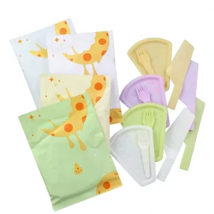 Paper Bag Pack Disposable Colorful Birthday Cake Knife Fork Plate Cheese Three in One Plastic Tableware Set PC N1002