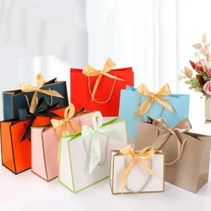 Paper Gift Bags with Bow Tie Luxury Cardboard Paper Shopping Bag for Apparel Cosmetic Holiday Present Packaging