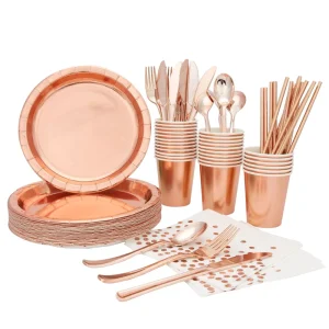 Paper Plates Cups Napkins Party Supplies Set Disposable Rose Gold Party Tableware for Wedding Bachelorette Bride to Be