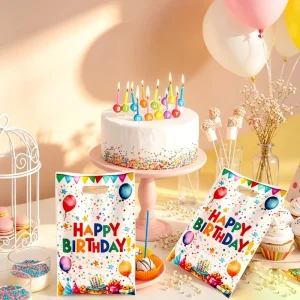 Party Bags for Kids Birthdays Happy Birthday Plastic Gift Bags Party Favor Bags with Die Cut Handles for Kids Birthday Parties