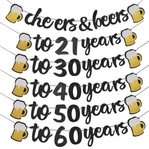 Party Cheers and Beers to 21 Years 30 40 50 60 Years Black Flag Glitter Paper Birthday Banner with No Flagpole