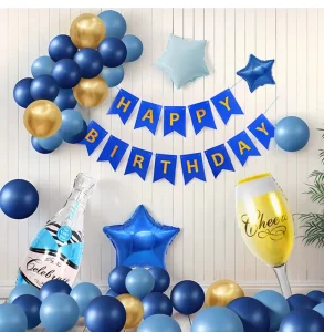 Party Decorations Foil Balloons Blue Bottle Yellow Cup Happy Birthday Banner Glitter Star Garland