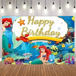 Party Supplies Little Mermaid Theme Backdrop Princess Ariel Banner Backdrop for Kid’s Happy Birthday Decorations