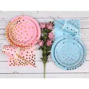 Party Tableware Set Birthday Party Holiday Disposable Paper Plates and Cup Set with Gold Polka Dot