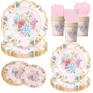 Pastel Color Spring Disposable Floral Paper Plate Tablecloth Cup Tableware for Wedding Birthday Tea Baby Shower Party Decoration