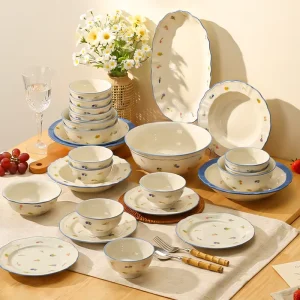 Pastel Floral Blue Trim Ceramic Dinnerware Set Bowls Plates Soup Pot Home Wedding Gift Restaurant Catering Tableware