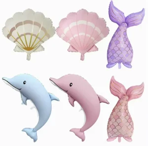 Pastel Matte Ocean Creature Balloons Bundle Dolphin Shell Tail Foil Helium Balloons for Summer Beach Pool Mermaid Party Supplies