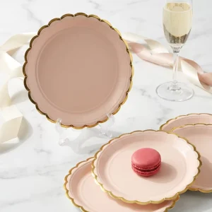 Pastel Pink Scalloped Gold Foil Rim Disposable Paper Plates Elegant Blush Color Birthday Wedding Dessert Tableware Supplies