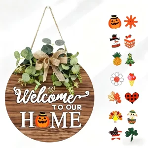 Pastoral Wooden Wreath Wall Hanging Outdoor Front Door Decor Halloween Christmas Universal 30CM Interchangeable Sign