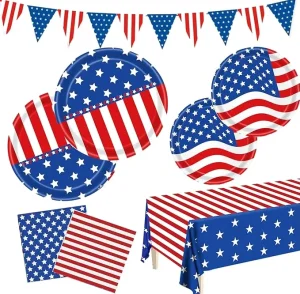 Patriotic Party Tableware American Flag Themed Decorations Paper Plates Napkins Tablecloth Pennant Flags for Snack Bar