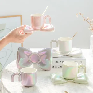 Pearl Colorful Bow Shape Coffee Cup With Saucer Set 14oz Couple Friend Creative Gift Ceramic Coffee Mug With Saucer