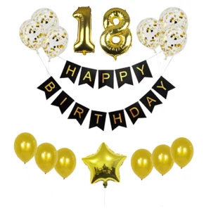 Pearl Gold Confetti Latex Balloons with Star Number Foil Balloon and Banner Flag Set for Happy Birthday Party Decoration