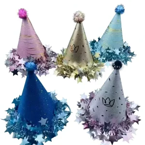 Pearlescent Cone Gold Foil Stars Birthday Hats Cown Headwear for Adults Baby’s First Birthday Party Decorations