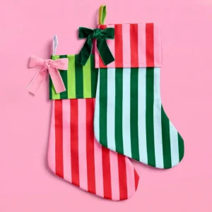 Personalized Classic Stripe Christmas Stockings with Elegant Velvet Bow Canvas Holiday Fireplace Hanging Decor for Family Gift