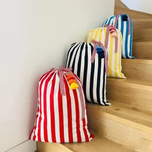 Personalized Xmas Packaging Storage Bag Custom Vertical Striped Christmas Bag Canvas Santa Sack with Colorful Tassel