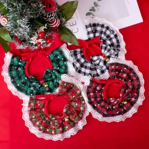 Pet Christmas Accessories Bow Ties Aprons Bibs Checkered Lace Maid Costume Cats and Dogs Cosplay Necklaces Scarves with Bell