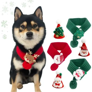 Pet Christmas Knit Scarf and Hat Set Soft Warm Santa Reindeer Snowman Headwear Winter Holiday Costume Accessory