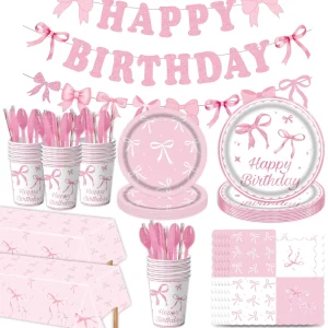 Pink Blue Bow Themed Tableware Set Birthday Party Decor Disposable Paper Plates Napkins Tablecloth Banner Latex Balloons