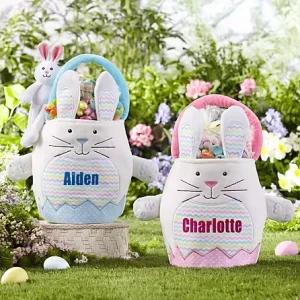 Pink Blue Decoration Embroidery Rabbit White Egg Printing Soft Handle Baskets Bunny Bucket Easter
