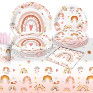 Pink Bohemian Rainbow Birthday Party Tableware Venue Decoration Set Party Paper Decoration Plates Cups Napkins and Banners