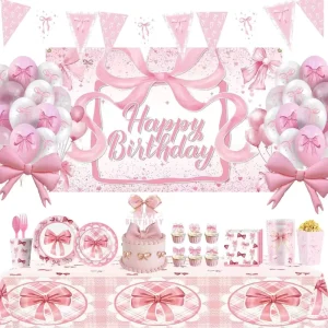 Pink Bow Birthday Disposable Tableware Set Paper Plates Cups Napkins for Girls Party Decoration Supplies