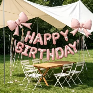 Pink Bow HAPPY BIRTHDAY Foil Balloon Banner Set Girls Coquette Birthday Party Backdrop Decor Globos