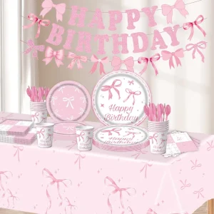 Pink Bow Theme Birthday Banner Party Disposable Plates Cups Tableware Set for Girls Birthday Party Decoration