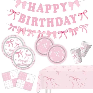 Pink Bow Theme Party Disposable Tableware Paper Plates Napkins Cups Balloons Dinnerware Birthday Party Supplies