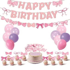 Pink Bow Themed Birthday Party Supplies Banner Cake Topper Decorations Props