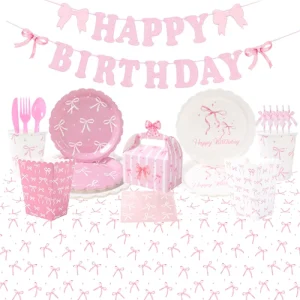Pink Bows Theme Disposable Party Supplies Kit Birthday Tableware Including Paper Plate Cup for Girls Children Festive Paper