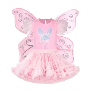 Pink Bunny Fairy Costume for Kids Stage Performance Ruffled Tulle Dress with Wings ASTM Certified