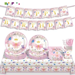 Pink Butterfly Flower Theme Disposable Tableware Paper Plate Tablecloth Napkin Flag Knife Fork Spoon for Girl Birthday Party