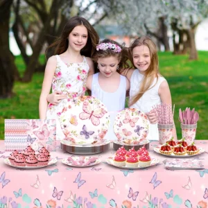 Pink Butterfly-Themed Disposable Reusable Paper Tableware for Girls Birthday Parties Including Plates Cups Napkins