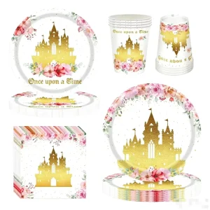 Pink Castle Birthday Party Supplies Tableware Included Plates Cup Napkins for Princess Theme Girl Baby Shower Decorations