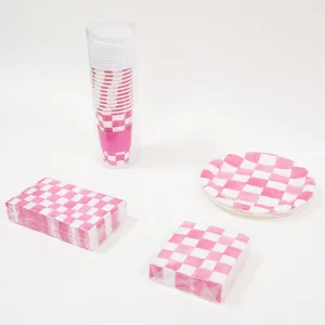 Pink Check Disposable Dinnerware for Wedding Bridal Shower Birthday Party & Holiday Supplies Napkins Paper Plates Paper Cup
