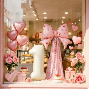 Pink Cherry Print Bow with Tulle & Cream Number 8 Heart Balloon Set Girls 8th Coquette Birthday Decor Globos
