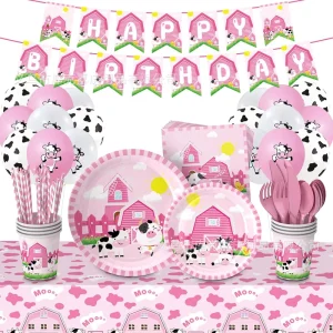 Pink Farm Animal Cow Theme Eco friendly Disposable Paper Tray Cup Set for Children’s Birthday & Valentine’s Day Party Decoration