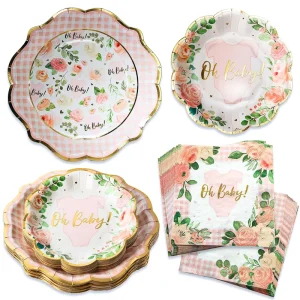 Pink Floral Plaid Baby Shower Tableware Set 62 Pcs Heavy Duty Plates Napkins Party Supplies