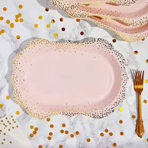 Pink Foil Dots Shape 300gsm Whitecard Board Paper Plate for Valentine’s Day & Christmas Adult Use