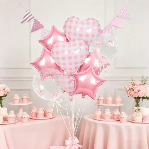 Pink Gingham Heart & Star Foil Balloon Set with Bow Decor for Coquette Girls Birthday Party Decor Globos