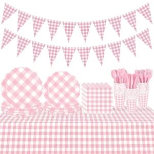 Pink Gingham Party Supplies Set Includes Paper Plates Cups Napkins Cutlery for Baby Shower Bridal Shower Wedding