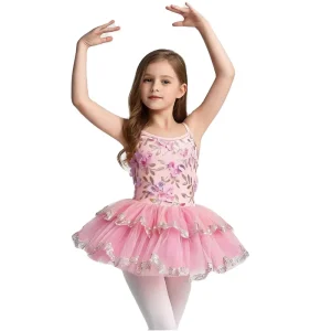 Pink Girls Tutu Dress Ballet Dance Leotard Dress Flower Applique Sequined Tutu Dance Wear for Girls Recitals