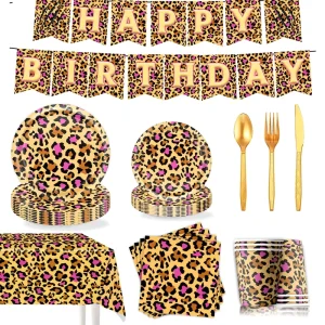Pink Gold Red Leopard Print Themed Birthday Party Tableware Decoration Atmosphere Paper Plates Banner Latex Balloon