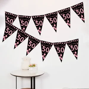 Pink Gold Triangular Birthday Decoration Banner with Happy Birthday 50 Polka Dots Stars Pattern Black Pink Style Party Supplies