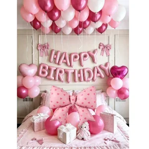 Pink Happy Birthday Balloon Bow Aluminum Foil Balloon 18 Inch Pink Heart Balloon Suitable for Girl’s Birthday Decoration