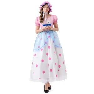 Pink Hat Polka Dot Tulle Long Dress Women Cosplay Cartoon Shepherd Girl Bubble Sleeve Adult Halloween Costumes