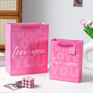 Pink Heart Shaped Luxury Gift Bags Custom Logo Eco Friendly Recyclable For Valentine Qixi Flower Packaging