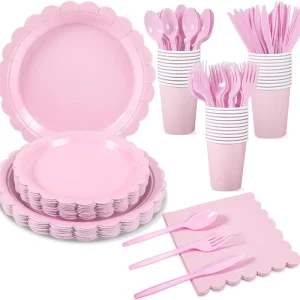 Pink Lace Girls’ Birthday & Valentine’s Day Spring Festival Disposable Paper Tableware Set with Cups Plates Napkins