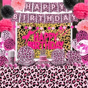 Pink Leopard Print Party Tableware Disposable Paper Plates Cups Napkins Tablecloth Banner Balloon Curtain Backdrop Cutlery Pom